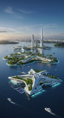Futuristic Cityscape with Modern Skyscrapers and Floating Islands in Water