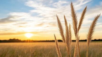Fototapeta premium Golden hour sunlight illuminates tall wild grass in serene landscape