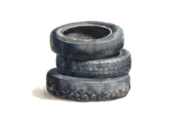 Watercolor illustration of a stack of three used tires