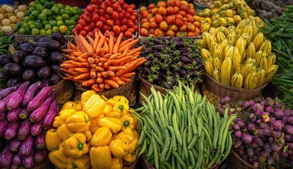 Vibrant display of fresh produce in baskets, arranged in rows, showcasing colorful vegetables