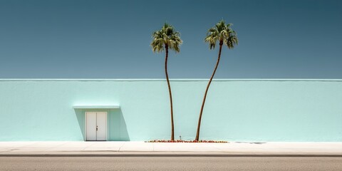 A pale mint-green building with two palm trees stands on a street.  A simple white door is visible.  The sky is a light, muted blue