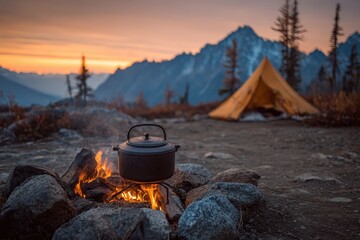 Iron pot over campfire, rocky landscape, yellow tent, and sunset background. Perfect image about camping, nature, hiking, adventure, or outdoor recreation.