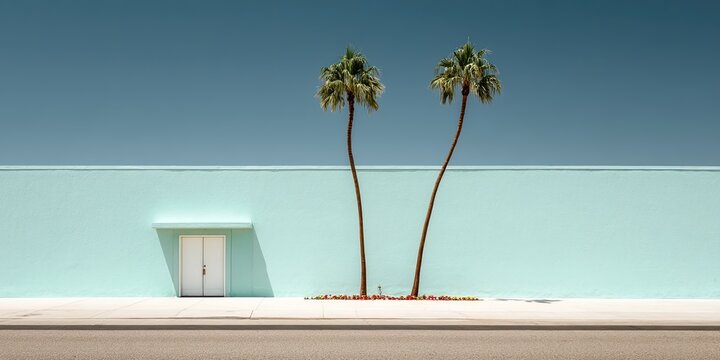A pale mint-green building with two palm trees stands on a street.  A simple white door is visible.  The sky is a light, muted blue