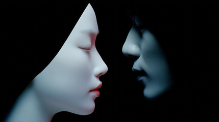 Portrait of an Asian couple facing each other with their eyes closed on a black background