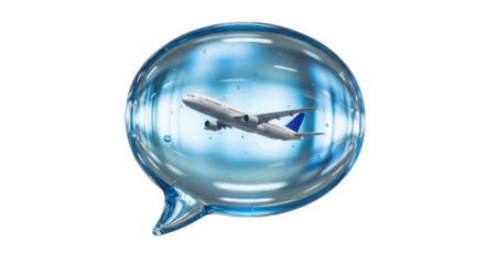 Airplane inside a water droplet speech bubble isolated on transparent background