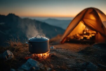 Cooking pot boils over open fire, a tent sits in the background. Perfect for illustrating outdoor adventures, travel, or cooking content.