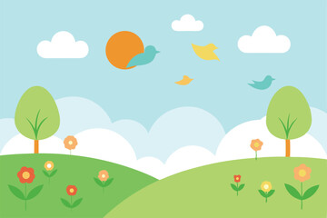 Fototapeta premium spring scene in watercolor field birds and clo (1).eps