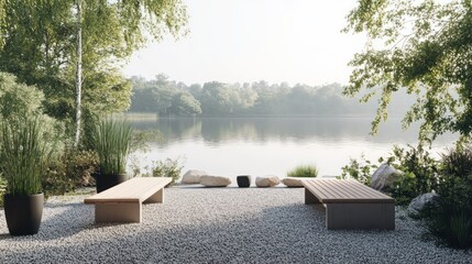 A minimalist lakeside seating arrangement with simple wooden benches, potted plants, and a gravel path