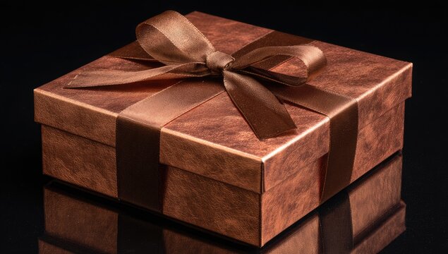 A bronze gift box with a brown ribbon bow sits on a dark surface