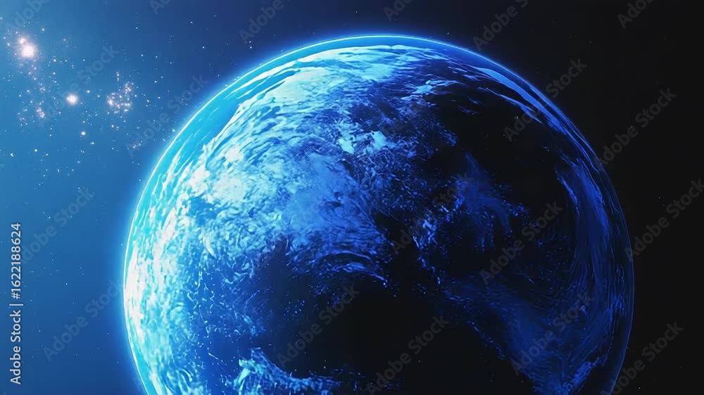 Poster planet earth rotating in space with glowing atmosphere and starry background