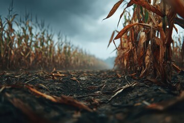 Ground level view of a cornfield with a moody, overcast sky overhead. Use for agriculture, rural landscapes, or a sense of foreboding.