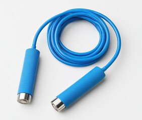 Bright blue jump rope coiled, resting on a white background.  Handles are covered in foam