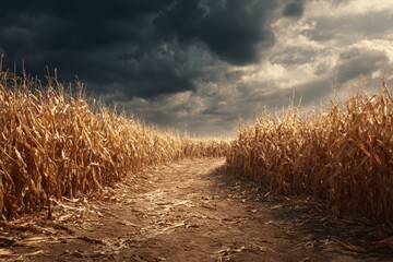 A path through a dry cornfield leads to a stormy, cloudy sky. It is suited for concepts like challenge, future, and uncertainty.