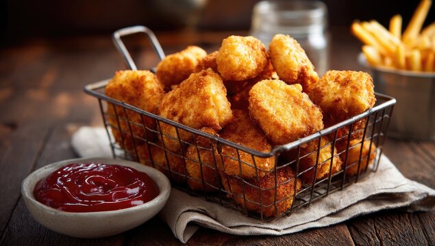 Crispy, golden-brown nuggets in a wire basket, alongside fries and ketchup