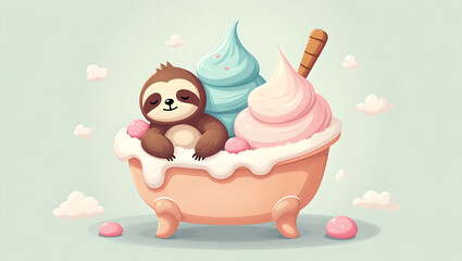Fototapeta premium Relaxing Sloth in Pastel Ice Cream Bathtub
