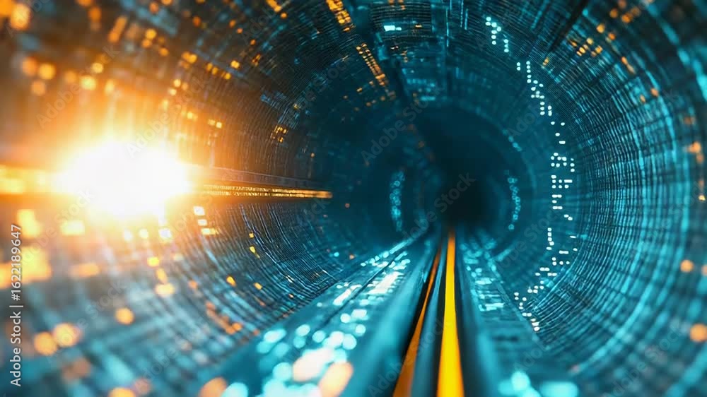Poster digital data stream flowing through futuristic cyberspace tunnel