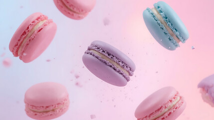 French macarons in pastel shades, floating in a dreamy background, are surrounded by fine sugar dust, creating a magical, whimsical atmosphere with glowing light and a pastel gradient backdrop.