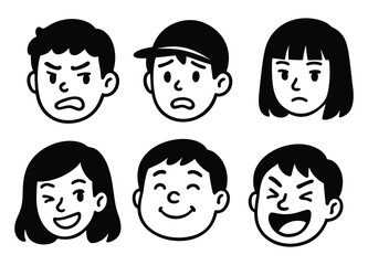 Cartoon faces of boys and girls showing various facial expressions in black and white vector illustration