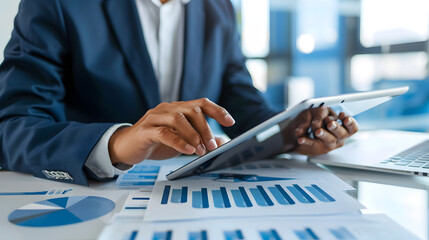Businessman using tablet with charts and laptop for financial analysis in the office setting
