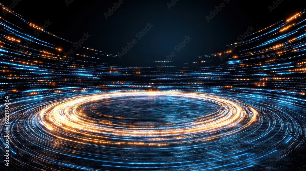 Poster glowing optical fibers create vibrant circular pattern with dynamic energy pulses