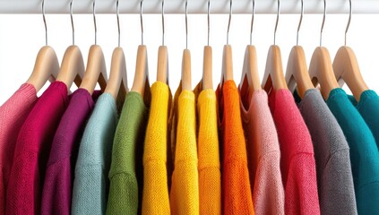 Colorful sweaters on hangers, various shades