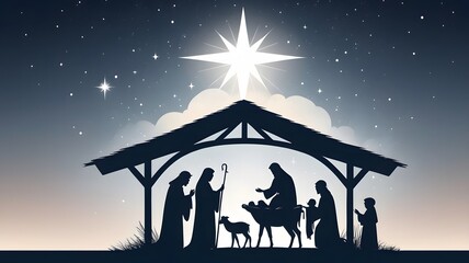 Christmas Birth Illustration – Manger, Bright Star, and Peaceful Stable Setting