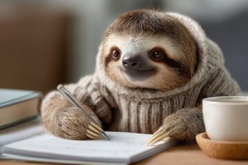 Sloth in sweater writes in notebook with pen, next to cup of coffee. Perfect image for blogs about productivity, writing, or funny animal content.