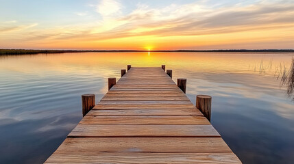Sunset over calm river with wooden dock reflecting vibrant colors