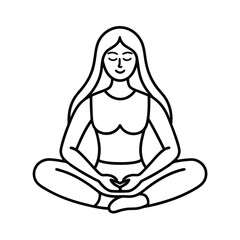 Minimalist line art of woman meditating in lotus pose at sunrise vector line art on white background.