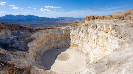 Aerial view of large crater surrounded by rocky terrain and mountains background. landscape