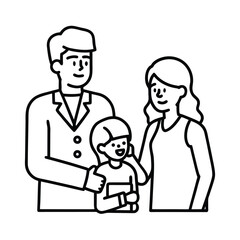 Minimalist line drawing of family visiting general doctor at clinic vector line art on white background.