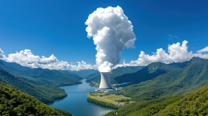 Nuclear facility surrounded by mountains and water, emitting steam into sky, showcasing nature