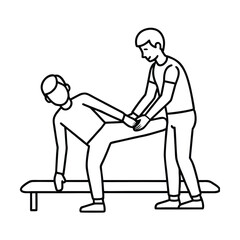 Minimalist line sketch of physical therapist helping patient exercise vector line art on white background.