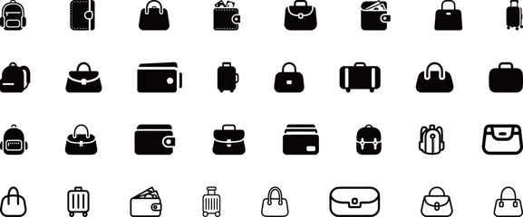 A comprehensive and varied collection of bag and wallet icons, representing the diverse world of luggage, fashion accessories, and personal storage items, presented in both solid and outline styles.