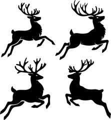 Dynamic Reindeer Silhouette Set in Mid-Leap ? Black Vector Illustration on White Background for Holiday and Winter Designs.eps