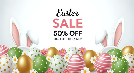 Easter sale promotion with bunny ears eggs and flowers for spring holiday season marketing campaign
