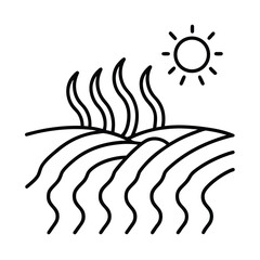 One line drawing of heatwave icon over dry farmland and cracked soil vector line art on white background.
