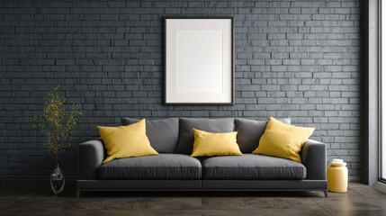 Naklejka premium Gray sofa with yellow pillows sits before a textured black brick wall and framed art