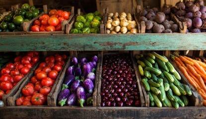 Fresh produce overflowing from wooden crates on multiple shelves