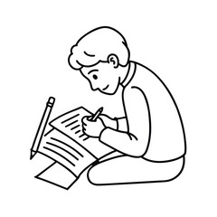 Outline art of person writing affirmation note for self love vector line art on white background.