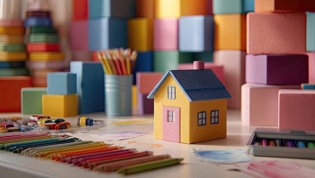 Colorful miniature house amidst art supplies
