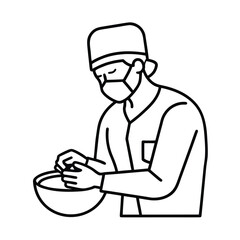 Outline drawing of surgeon scrubbing hands before operation vector line art on white background.