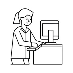 Outline line art of hospital receptionist checking patient in vector line art on white background.