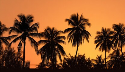 Obraz premium Silhouettes of palm trees against a vibrant orange sunset