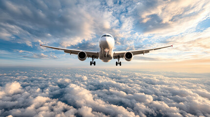 Obraz premium Plane flying above fluffy clouds under beautiful sky creates serene atmosphere