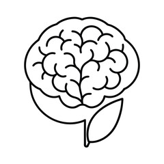 Outline of brain with plant sprouting to represent mindfulness vector line art on white background.