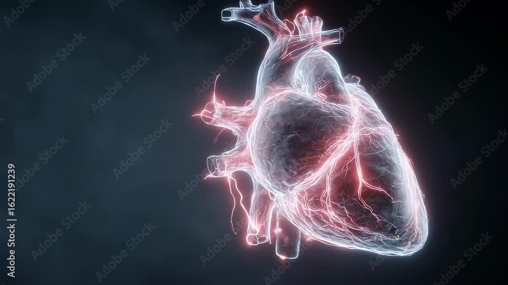 Poster hightech holographic heart projection showing unpredictable electrical discharges during arrhythmic 