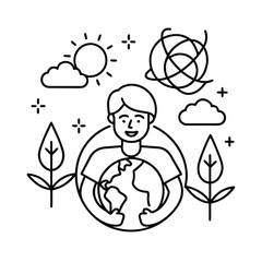 Outline vector of person holding earth with green leaves vector line art on white background.