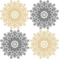 Four mandala designs in gold and black with intricate floral and geometric patterns on a white...