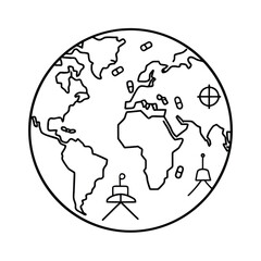 Simple line drawing of world map with green energy zones vector line art on white background.